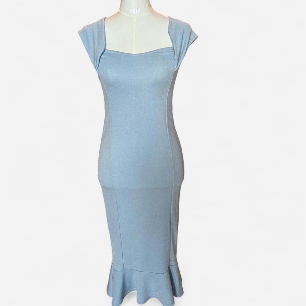 Light blue off the shoulder maxi‎ dress with ruffle hem and cape detail in back.